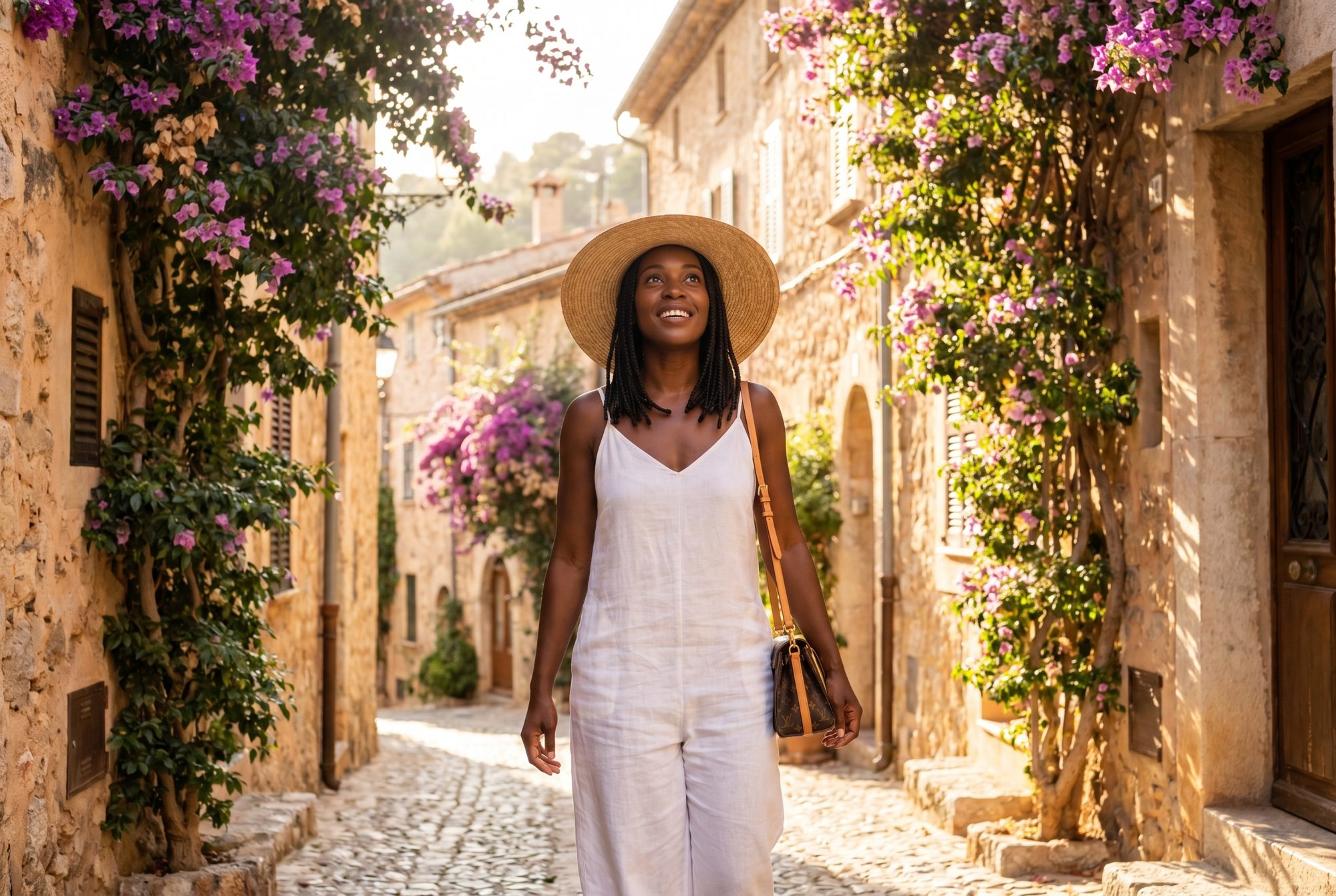 Stylish traveller exploring a sunlit Mediterranean village