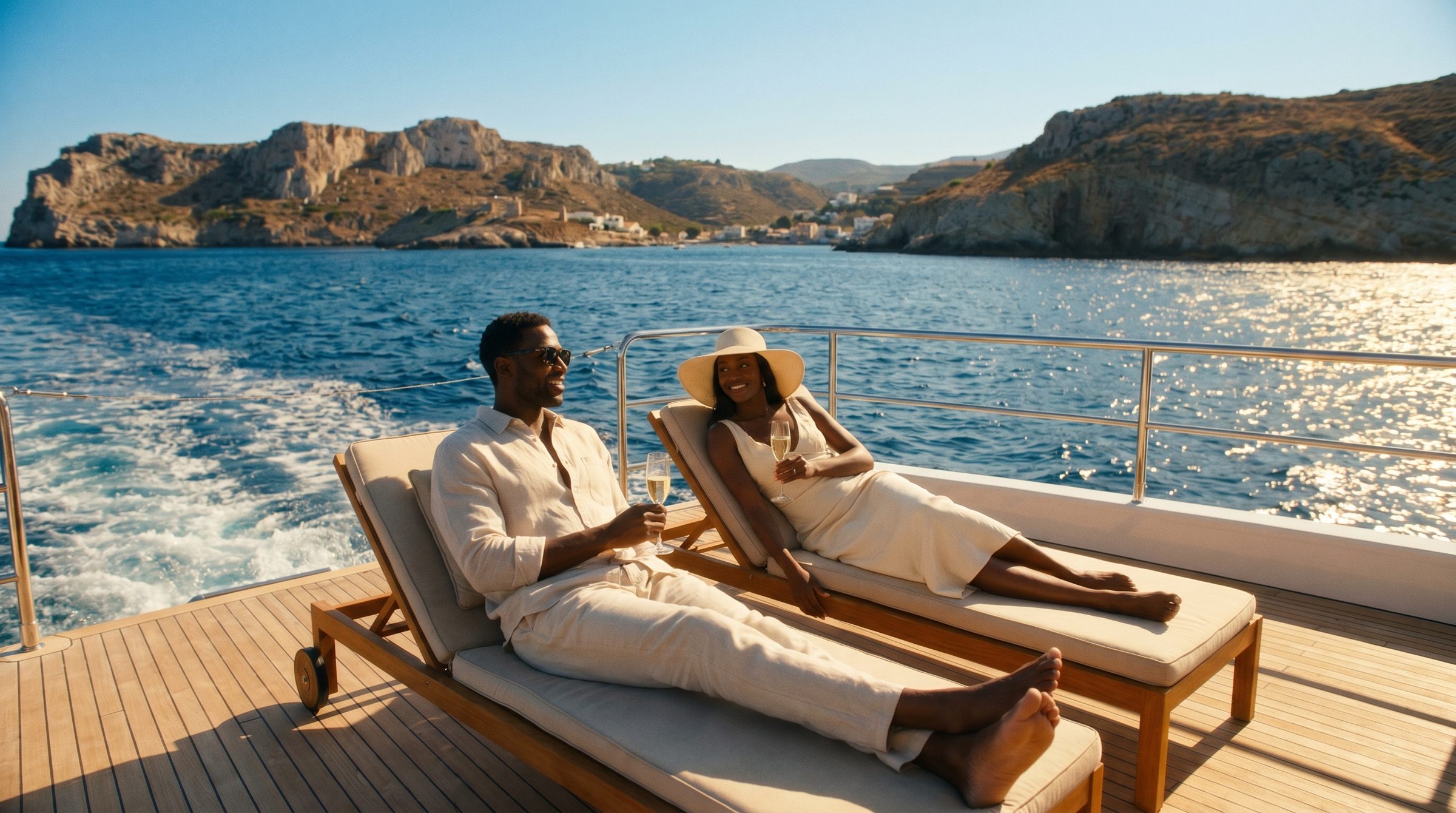 Couple relaxing on the deck of a yacht along the Greek coast